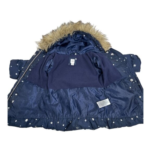 Baby Gap 2 Years Toddler Navy Puffer Removable Hooded Jacket w/ Silver Stars - Picture 5 of 9